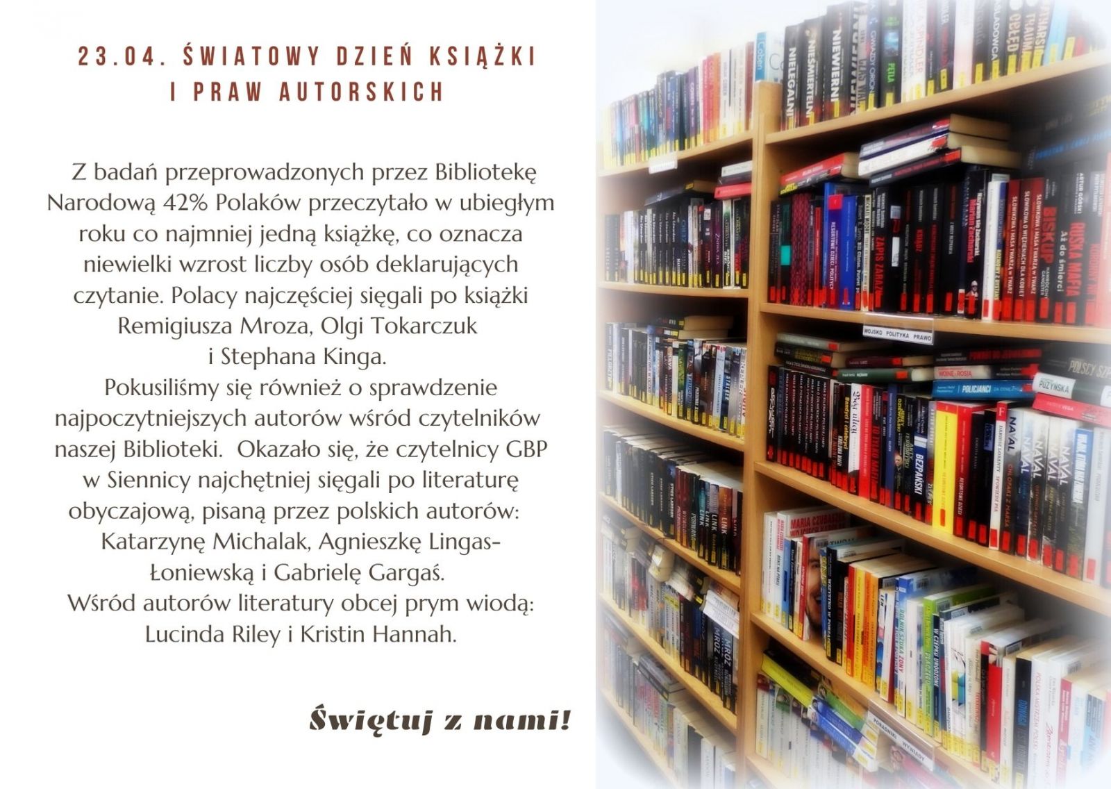 23 kwietnia Światowy Dzień Książki i Praw Autorskich. Z prawej strony księgozbiór biblioteki.